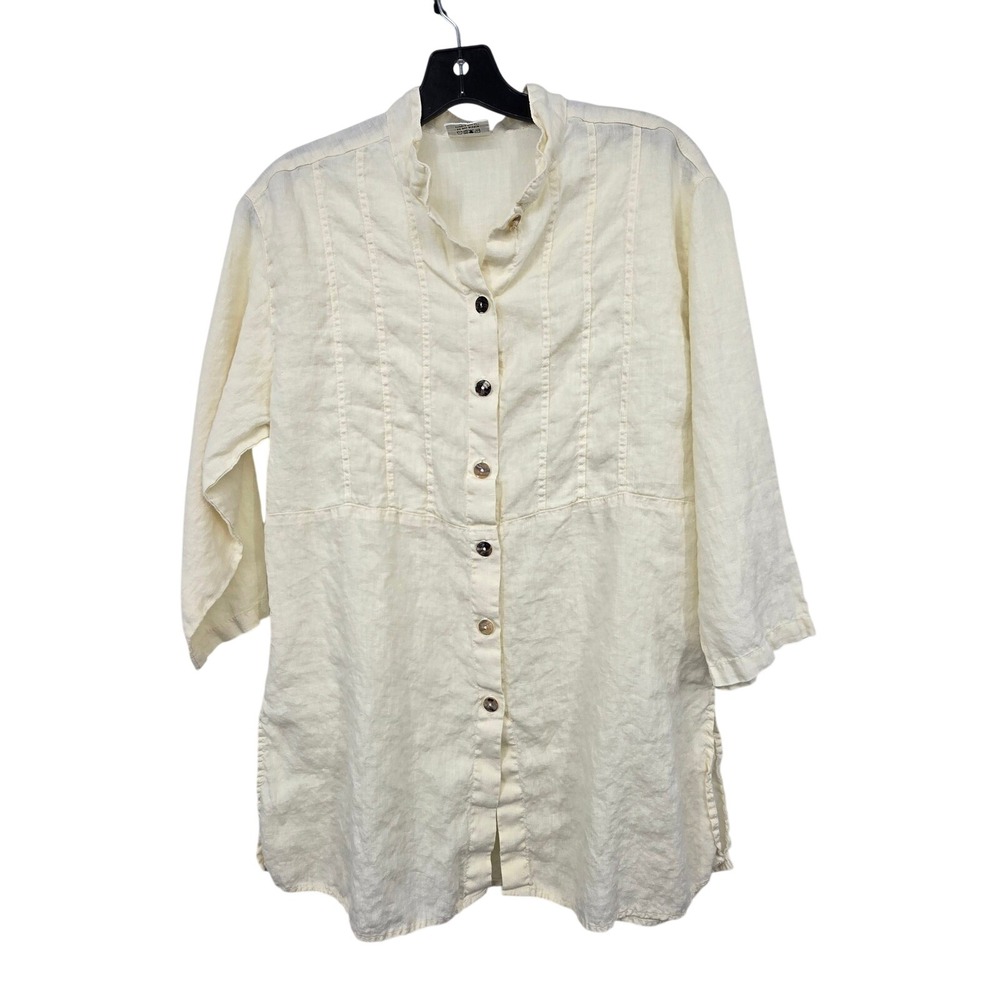 CLICK 100% Linen Tunic Top Womens M Cream Pintuck Button Shirt Beach Coastal USA